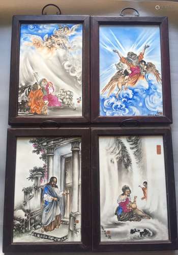 Set of 4 Chinese Porcelain Plaque, Marked 