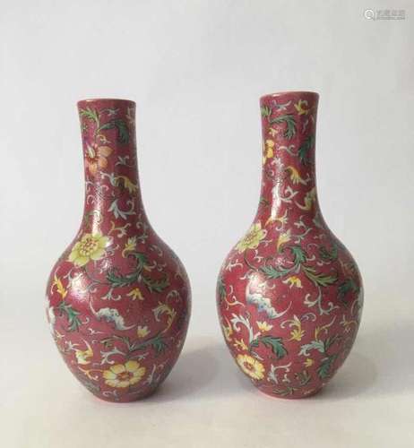 Chinese Red Underglaze Famille Rose Floral Vases