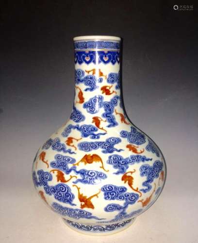 Chinese Blue/White Iron Red Porcelain Vase, Marked