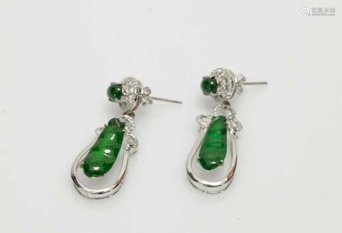 Pair of Green Jadeite Ear Rings,18K,GIA