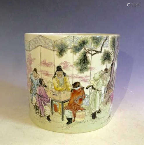 Chinese Famille Rose Porcelain Brush Pot, Marked