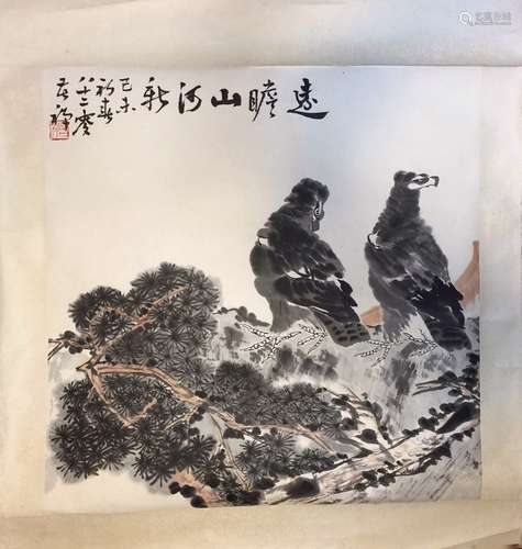 Chinese Painting of Eagles on Tree, Signed