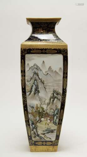 Chinese Famille Rose Square Vase w/ Landscape