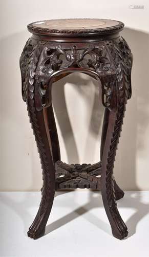 Rosewood Tabouret. China. Late 19th/early 20th century. Floral carved aprons, animal feet. Red marble inset top. 24