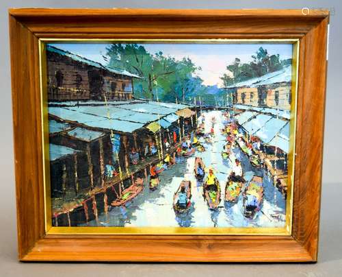 Tawee Nandakwang, Thailand (1925-1991). Oil on canvas. Depciting Sampan boats on an active canal with buildings. S.L.R. Tawee 1971. Having bold colors and raised impasto. Sight size: 10