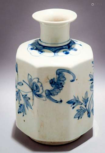 Porcelain vase. Korean style. 20th century. Hexagonal form. Underglaze blue decoration of flowers. 8-1/2