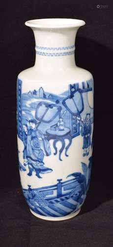 Porcelain vase. China. Late 19th century. Roleau form. Underglaze blue decoration of an historical scene. Six character Ch'eng Hua mark on the base. 10