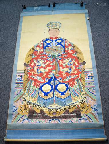 19th/20th century large Chinese scroll painting of an Imperial figure seated on a tiger throne. Sight soze: 62