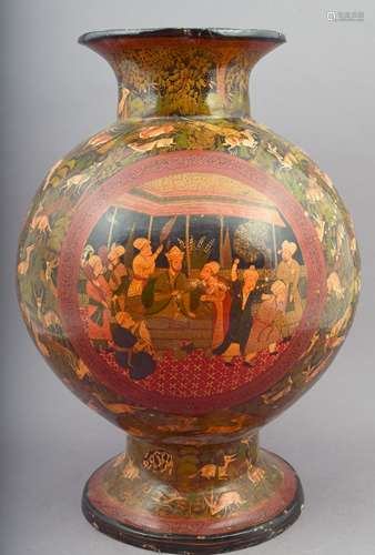 Lacquer vase. Kasmir. Early 20th century. Pomegranate form. Decoration of Mughal court scenes, animals and inscriptions. 17