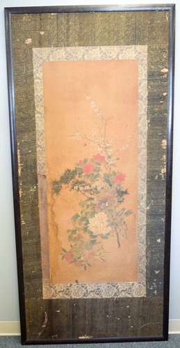 Painting. Japan. 18th century. Ink and colours on paper. Branches of flowers. Brocade mounts. Signed. Framed. 53