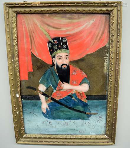 Chinese Export painting. 19th century. Reverse glass depiction of a Nobleman made for the Persian market. 19-1/2