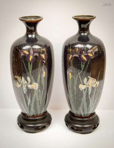 Pair of Cloisonné vases. Japan. Meiji period (1868-1912). Hexagonal form. Silver wire decoration of iris flowers on a midnight blue ground on stands. Vases- 3-1/2