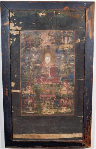 Buddhist Icon. Tibet. 19th century. Image of Guru Rinpoche. Ink and colours on heavy cloth. 20-1/2