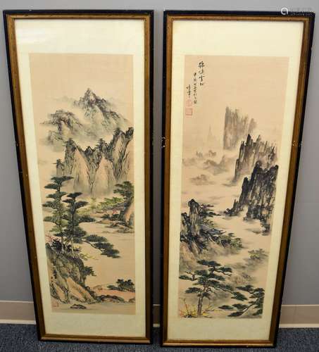 Pair of paintings. China. 20th century. Ink and slight colors on paper. Landscape. Signed. 35-1/4