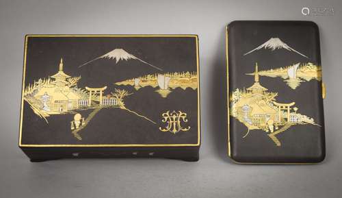 Lot of two Japanese metal works. Meiji to early Showa (1900-1930) iron inlaid with gold and silver. To include a box and cigarette case with the name Polly Harrison inlaid in gold. Box- 5-1/4