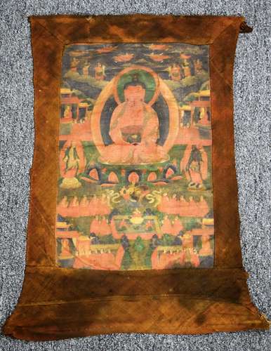 Buddhist Icon. Tibet. 19th century. Ink and colours on cloth. Image of Amitabha with lineage figures. Worn. Stains. 16-1/4