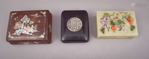 Lot of three Asian boxes to include: A 19th century Mother of Pearl
inlaid rosewood...