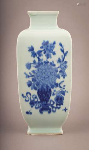 Porcelain vase. China. 20th century. Square form. Underglaze blue.