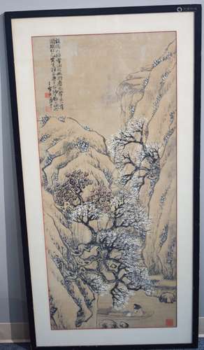 Early 20th century Chinese watercolor painting depicting landscape with blossoming trees and a figure in a boat. Signed in script and seals. Sight size: 51