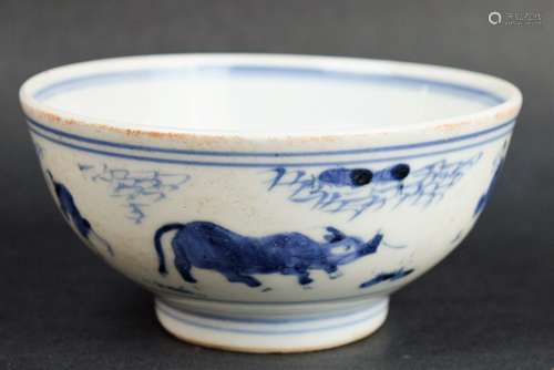 Porcelain bowl. China. Ming Period. (1368-1644). Underglaze blue decoration of an agricultural scene. 4-1/2