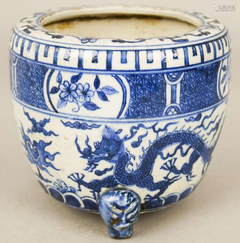 Porcelain Censer. China. 20th century, Wan Li style under glaze blue decoration of dragons, clouds, brocade patterns and fruit and flowers. Animal form feet.  7