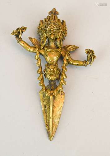 Tantric ritual bronze dagger. Tibet. 19th century. Phurba with a figure handle in the form of Yama. 5-1/2