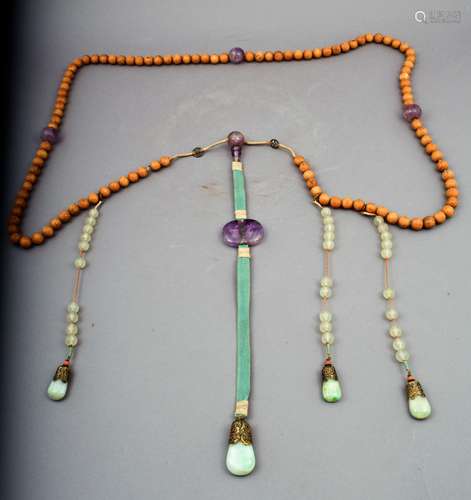 Court Necklace. China. 19th century Sandalwood beads. San Tai of apple green jade and amethyst.