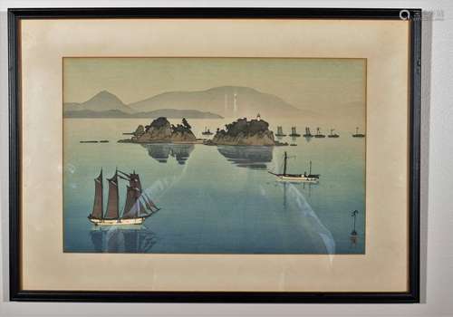 Hiroshi Yoshida. Woodblock Print. Boats in a Bay. Framed. Sight size- 9-1/2