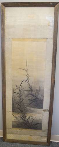 18th century Japanese framed scroll. Depicting bamboo in a riverscape. Having red seal and signature- lower right. Sight size- 44-1/4