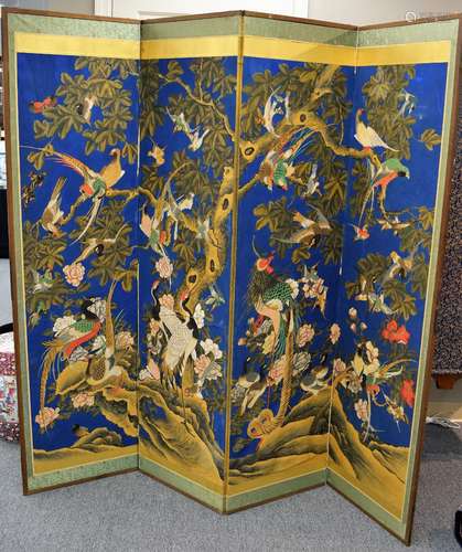 19th century four panel Japanese floor screen painting on silk depicting exotic birds. Large slits and one small tear. Creases and separations.  72