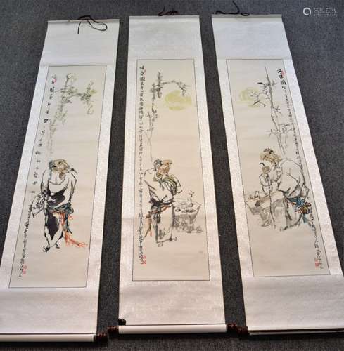 Lot of three scroll paintings. Ink and slight colour on paper. China. 20th century. Each about 51