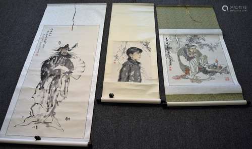 Lot of three scroll paintings. Ink and slight colours on paper. To include: Zhong Kui by Hsu Wen Sheng