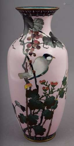 Cloisonné vase. Japan. Meiji period. (1868-1912). Decoration of a bird with chrysanthemum and grapes on a pink ground. 12