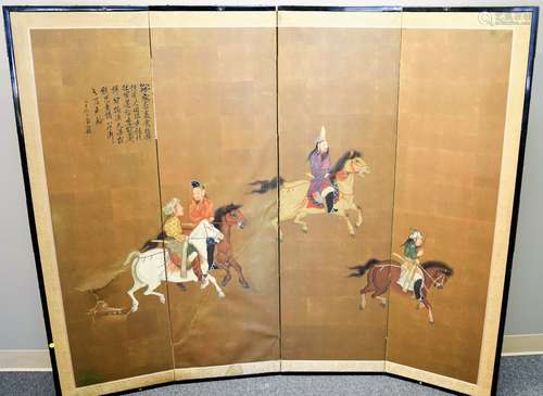 Early 20th century Asian four panel screen depicting warriors on horseback against gilt ground. Rips and tears. 60