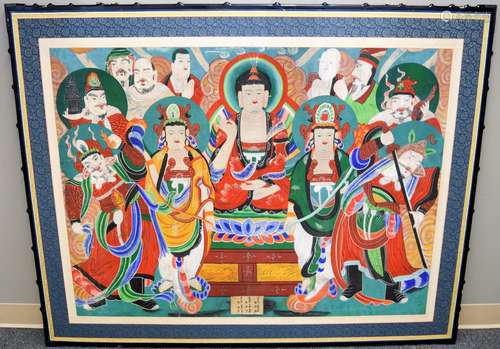 Buddhist painting. Korea. Early 20th century. Central figure of Amida flanked by Bodhisattva and lokapalas with other figures around. 47-1/2