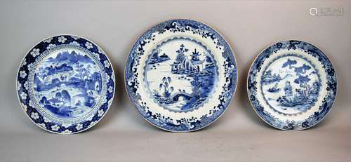 Lot of three Chinese Export plates. Two- 18th century plates with landscapes together with a 19th century plate with a landscape and prunus borders. Largest- 11-1/4