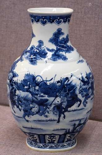 Porcelain vase. China. 20th century. Oval form. Underglazed blue decoration of an historical scene. Ch'ien Lung mark.