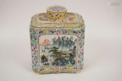 Porcelain tea caddy. China. 19th century. Lobated sides. Famille Rose decoration of landscapes and calligraphy. Signed. 5