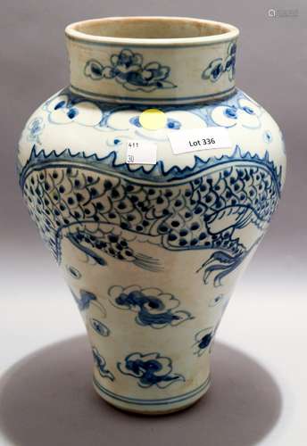 Porcelain vase. Korean style. 20th century. Underglaze blue decoration of dragons and clouds. 12