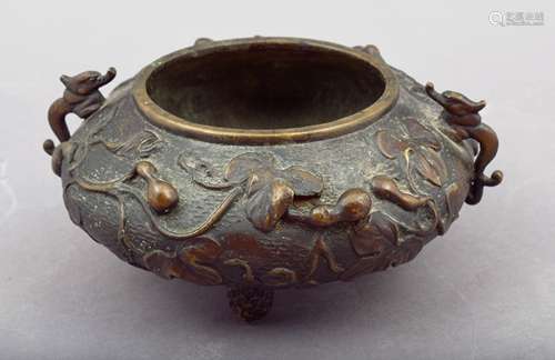 Bronze censer. Japan. 19th century. Decoration of gourd plants. Dragon shaped handles. 6-1/2