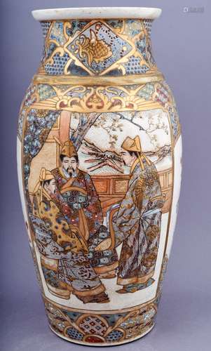 Pottery vase. Japan. Meiji period (1868-1912). Satsuma ware. Decoration of historical scenes and brocade patterns. 14-1/2