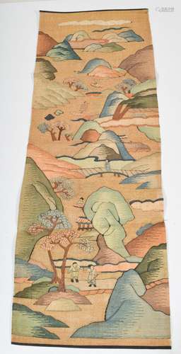 Tapestry weave panel. China. 19th century. K'ossu work. Design of figures in a mountain landscape on gold ground. 26-1/2