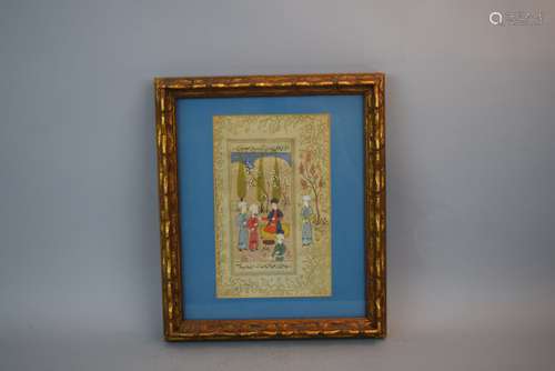 Miniature painting. Persia. 19th century. Ink colours and gilt on heavy paper. Scene of a Prince in a garden. 8-1/4