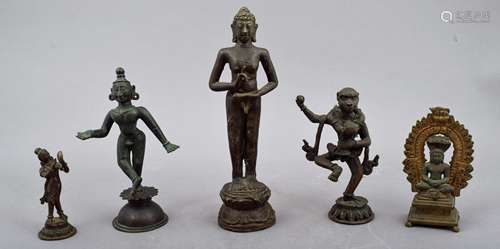 Lot of five bronzes. 19th/20th century. Four Indian Divinities and one Buddhist image from Sri Lanka. Tallest 8