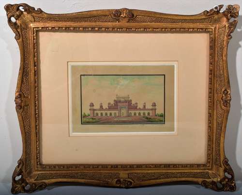 Miniature painting. India. 19th century. Ink and colours on paper. Scene of the tomb of Akbar. Signed. 6