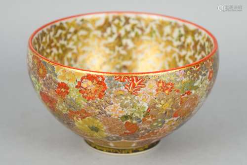 Satsuma tea bowl. Japan. Meiji period. (1868-1912). Milli fleur decoration on the exterior, interior with the hundred butterflies. Signed. 5-1/4