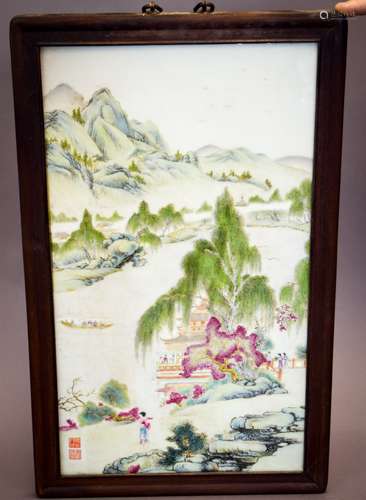 Porcelain panel. China. Early 20th century. Famille Rose decoration of a lakeside palace. Rosewood frame. 22