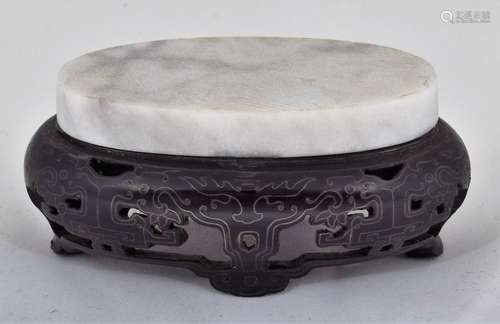 Chinese silver inlaid black wood carved stand with later marble insert. 3-1/4