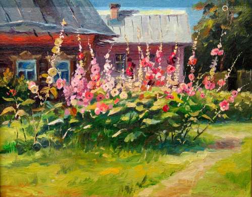 Summer Landscape with Hollyhocks, oil on board. Artist