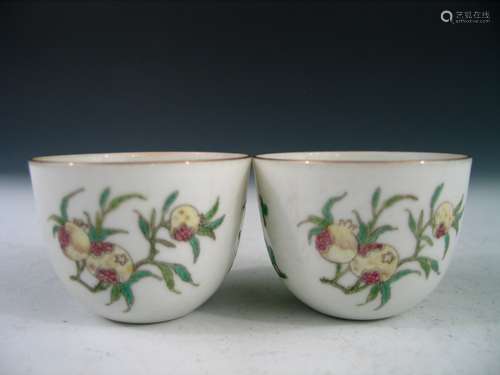 Pair of Chinese Famille Rose Porcelain Cups, Marked.